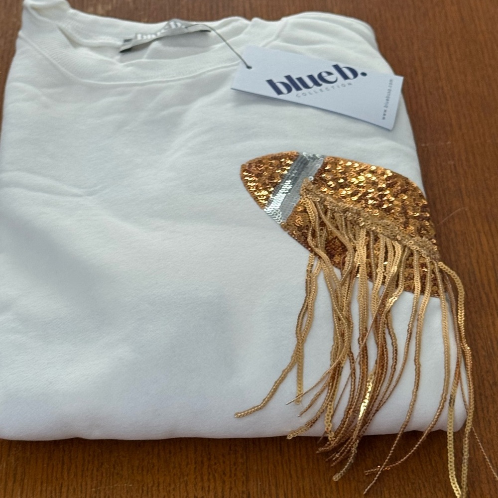 White Sweatshirt with Gold Sequin Design Game Day Fringe Embroidered Football